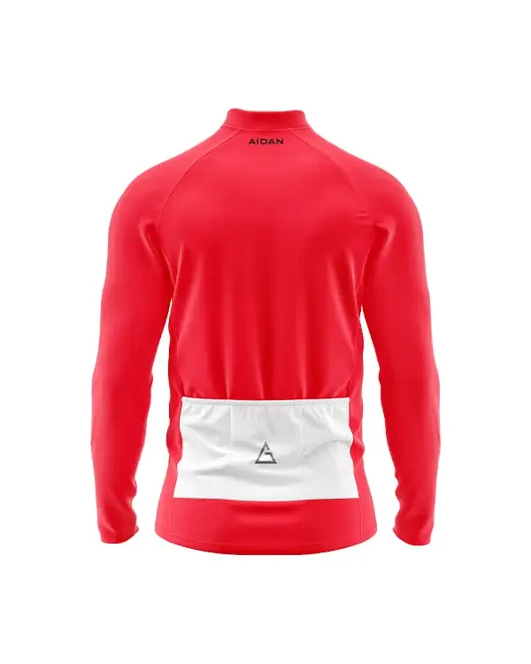 PeakDrive winter cycling jersey back – solid red with white geometric lower back panel, triple rear pockets, high collar, and large Aidan logo on the center pocket