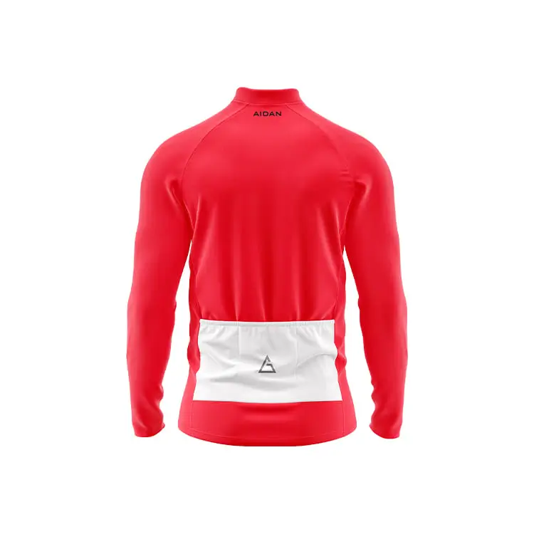 PeakDrive winter cycling jersey back – solid red with white geometric lower back panel, triple rear pockets, high collar, and large Aidan logo on the center pocket