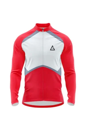 PeakDrive winter cycling jersey front – bold red sleeves and lower body, angular white chest panel, grey accent stripes, full zipper, high collar, and Aidan logo on the chest