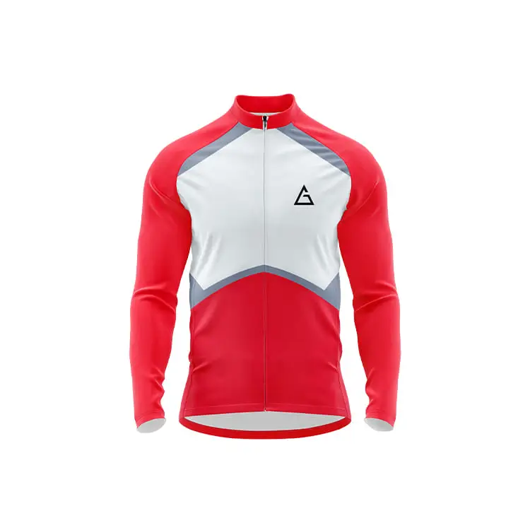 PeakDrive winter cycling jersey front – bold red sleeves and lower body, angular white chest panel, grey accent stripes, full zipper, high collar, and Aidan logo on the chest