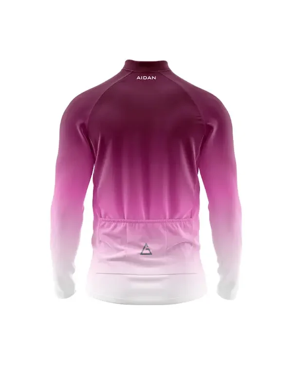 RoseFade winter cycling jersey back view: shows deep rose transitioning to white with triple rear pockets and high collar, highlighting comfort and practical storage for winter cyclists