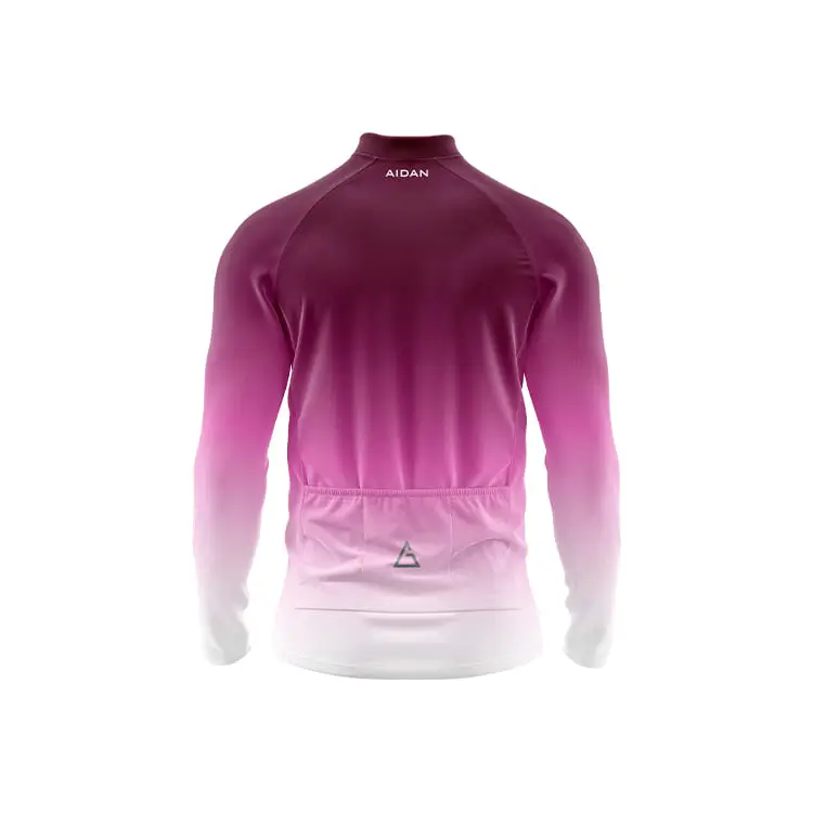 RoseFade winter cycling jersey back view: shows deep rose transitioning to white with triple rear pockets and high collar, highlighting comfort and practical storage for winter cyclists