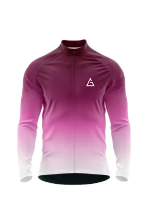 RoseFade winter cycling jersey front view: features seamless rose pink to white gradient, full sleeves, high collar, and a white logo on the chest for modern, athletic winter wear
