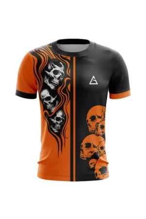 Halloween jersey front view, orange and black split with bold skull graphics and logo
