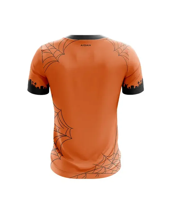 Halloween T-shirt back, orange with large spider web graphics and black graveyard motifs near hem and sleeves