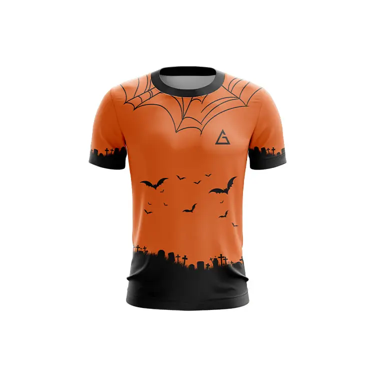 Halloween T-shirt front, orange with bats, graveyard, and spider web graphics, black collar and cuffs