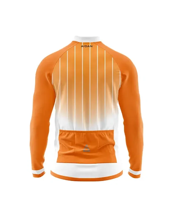 SunStride winter cycling jersey back – orange to white gradient with vertical white stripes, white collar, triple rear pockets, and prominent Aidan logo on the center pocket.