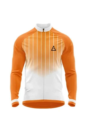SunStride winter cycling jersey front – bright orange to white gradient, vertical white stripes over the chest, full sleeves, high white collar, full zipper, and Aidan logo on left chest.