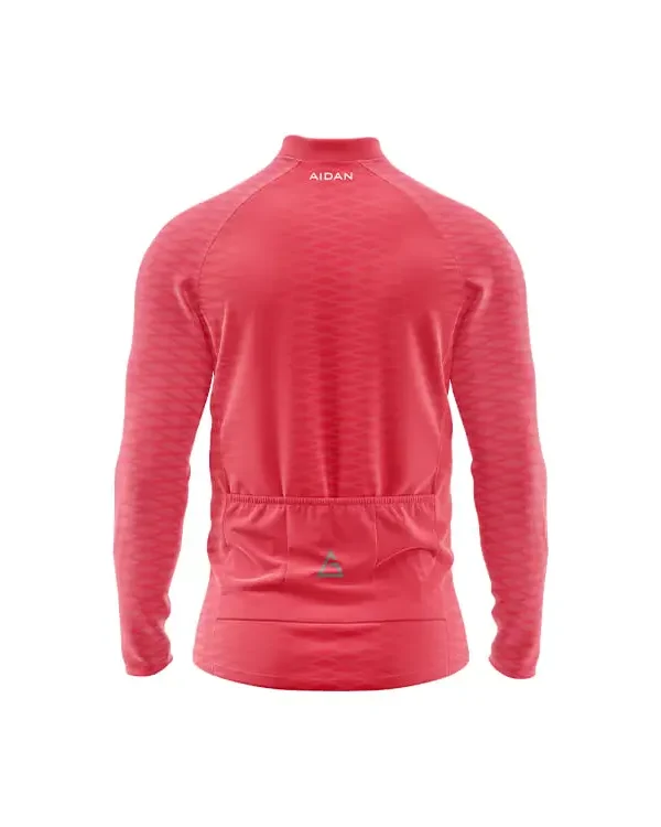 Zigblaze Winter Full Sleeve Cycling Jersey back view in red with zigzag accents, three rear pockets, and Aidan logo for breathable winter cycling storage