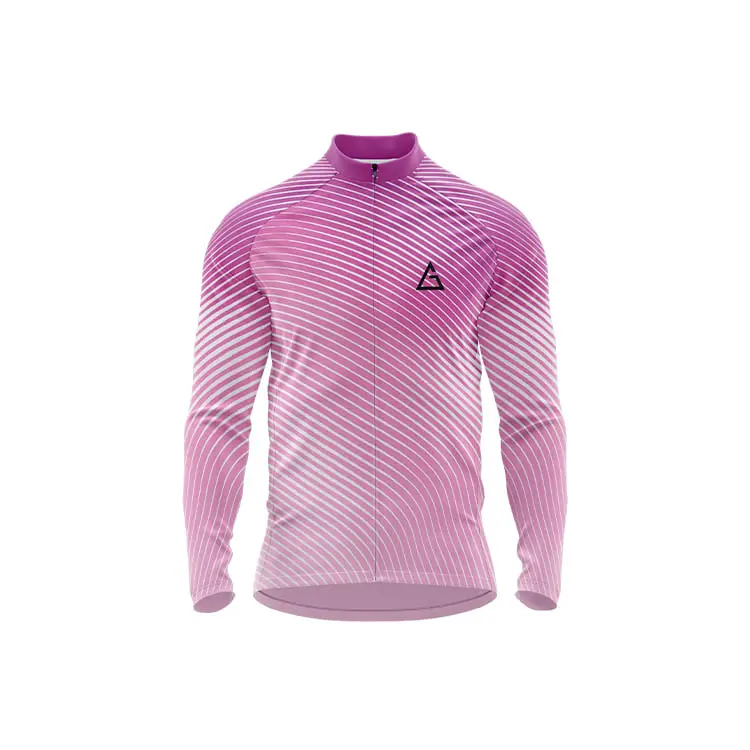 Frostwave Thermal Cycling Jersey in pink gradient with white diagonal stripes, full sleeves, front zipper, and Aidan logo on chest for winter rides.