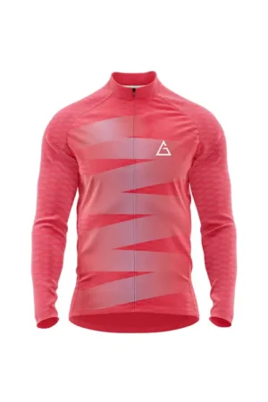 Zigblaze Winter Full Sleeve Cycling Jersey front view in red gradient with white zigzag patterns, full zipper, and Aidan logo on chest for thermal winter performance