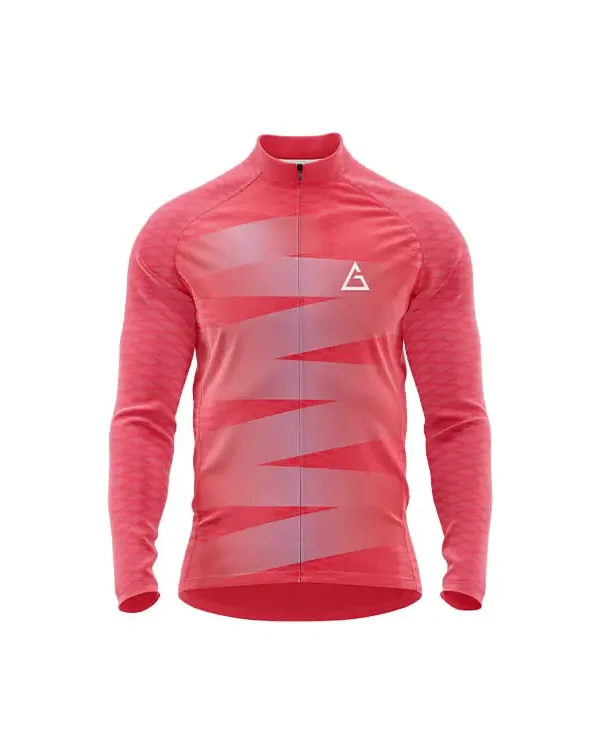 Zigblaze Winter Full Sleeve Cycling Jersey front view in red gradient with white zigzag patterns, full zipper, and Aidan logo on chest for thermal winter performance