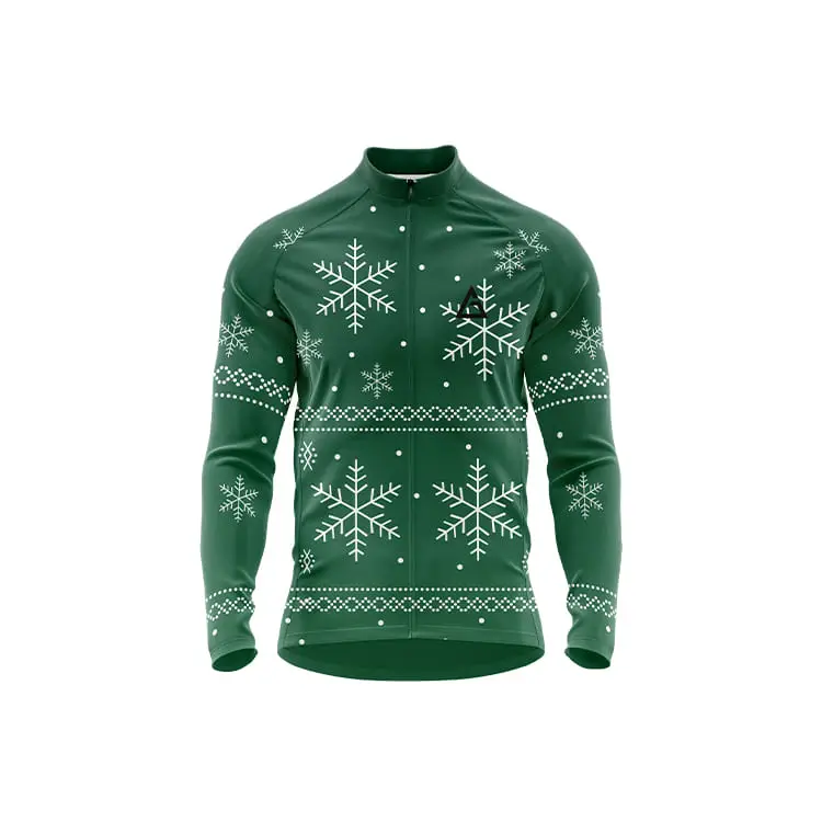 Snowdrift Winter Full Sleeve Cycling Jersey front in green with white snowflake patterns, full zipper, and Aidan logo on chest for holiday thermal performance​​