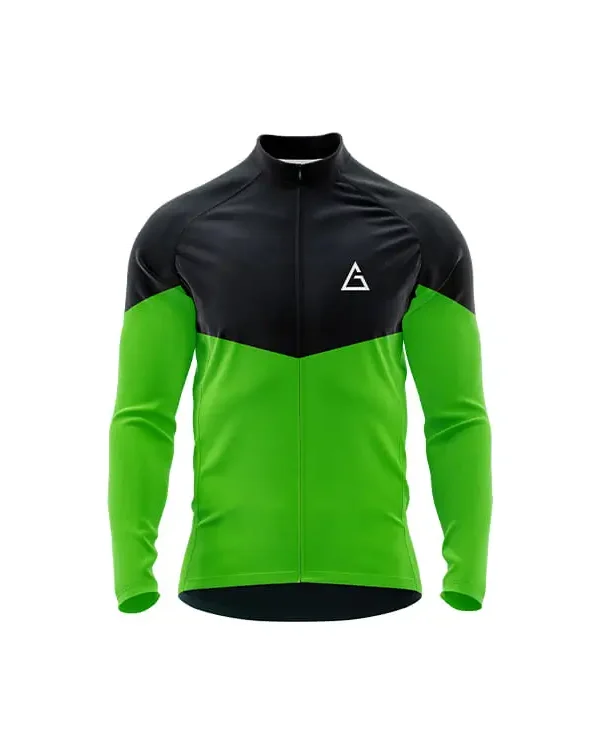 NeoVibe Winter Full Sleeve Cycling Jersey front in black and lime green V-pattern, full zipper, and Aidan logo on chest for thermal winter performance​​