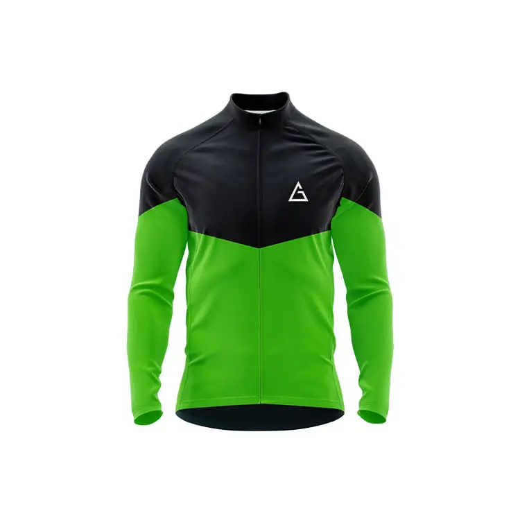 NeoVibe Winter Full Sleeve Cycling Jersey front in black and lime green V-pattern, full zipper, and Aidan logo on chest for thermal winter performance​​