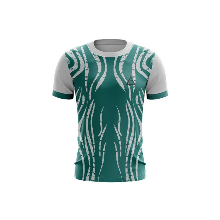 Front view of Wave Stride sublimation football jersey, teal color with white wave pattern, featuring high-performance fabric