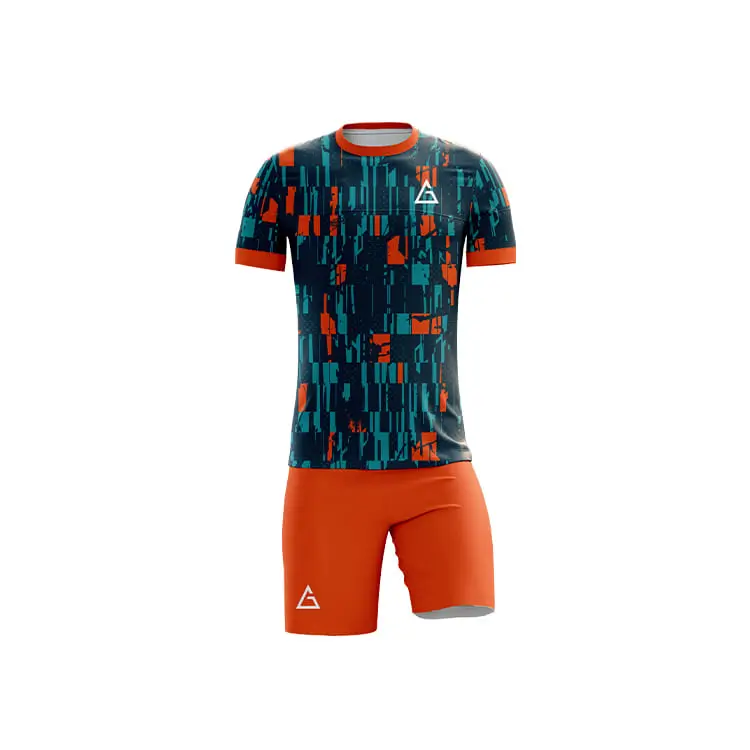 Front view of fully sublimated football kit featuring teal and orange geometric graphic jersey, orange shorts, custom sublimated football jersey design, optimal wicking and UV protection