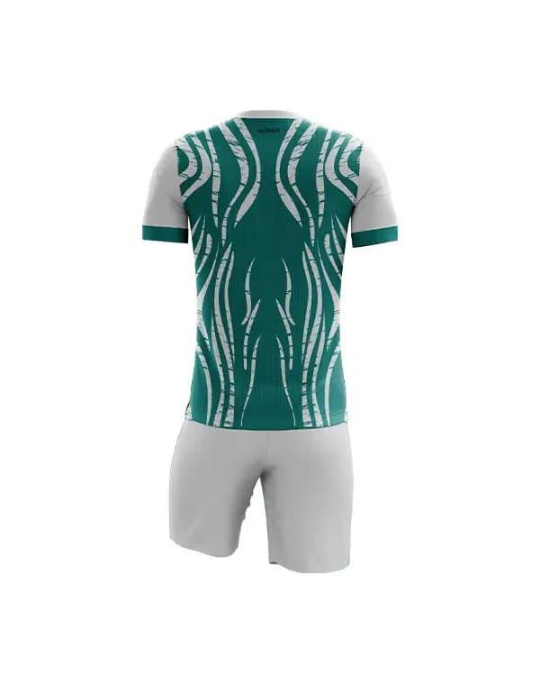 Back view of WaveForce Dri-Fit Football Kit showing full teal color, wave sublimation pattern, export quality DRI FIT antibacterial fabric, Aidan Global logo at upper back. With white shorts
