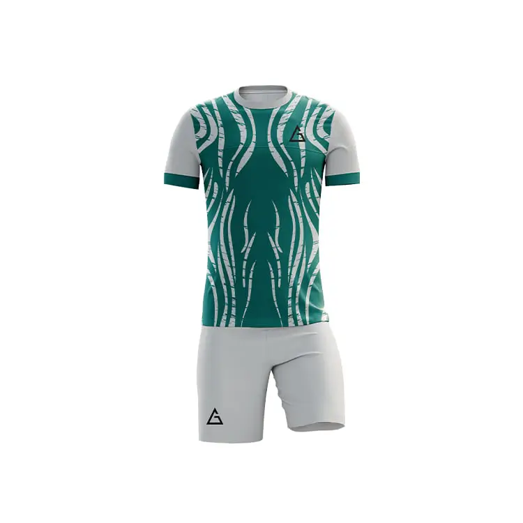 Front view of WaveForce Dri-Fit Football Kit in teal color, dynamic fully sublimated wave pattern, DRI FIT antibacterial export quality fabric, Aidan Global logo placed on left chest and left thigh