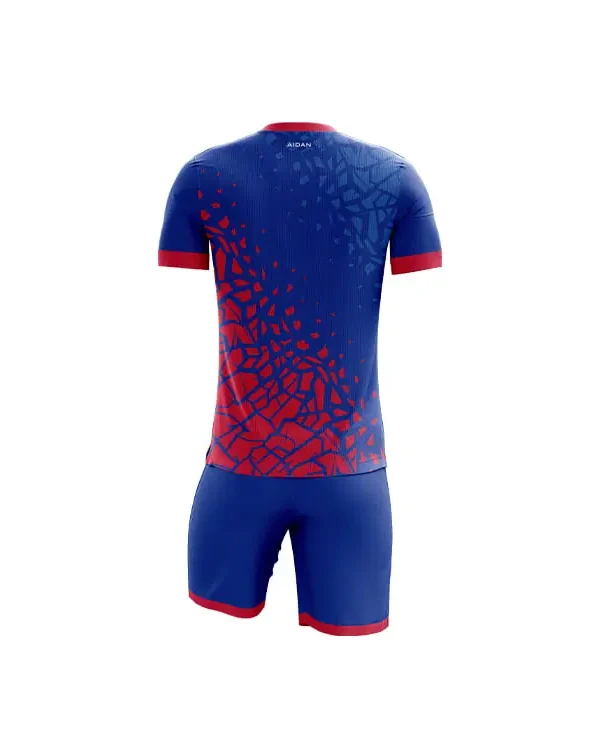 ack view of sublimated football jersey showing intricate blue and red shattered pattern, export quality fully sublimation football kit with flexible