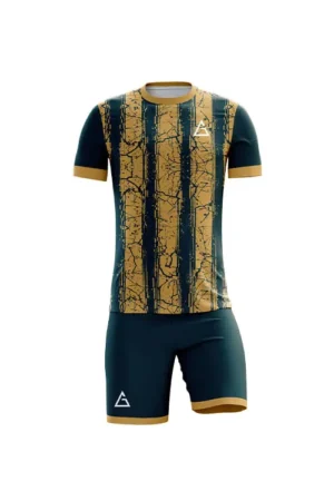 Front view of fully sublimated football kit featuring dark green and gold vertical marble stripe jersey, gold cuffs and collar, green shorts with gold hems, moisture wicking and UV protection.