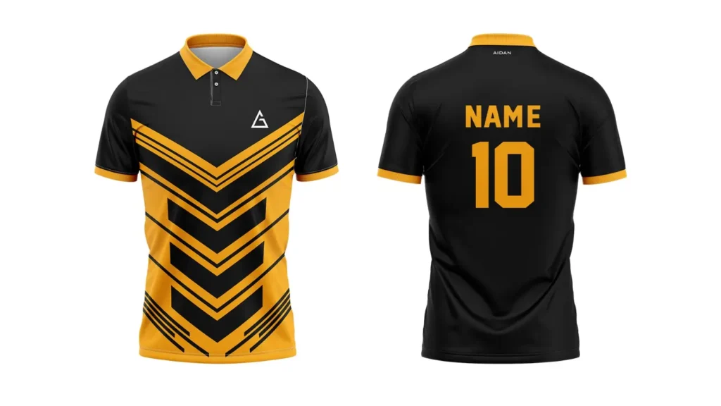 Modern cricket jersey design in black and yellow with custom name and number on the back