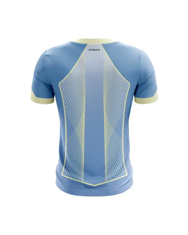 FC Barcelona blue yellow fan edition jersey back view with yellow geometric line pattern