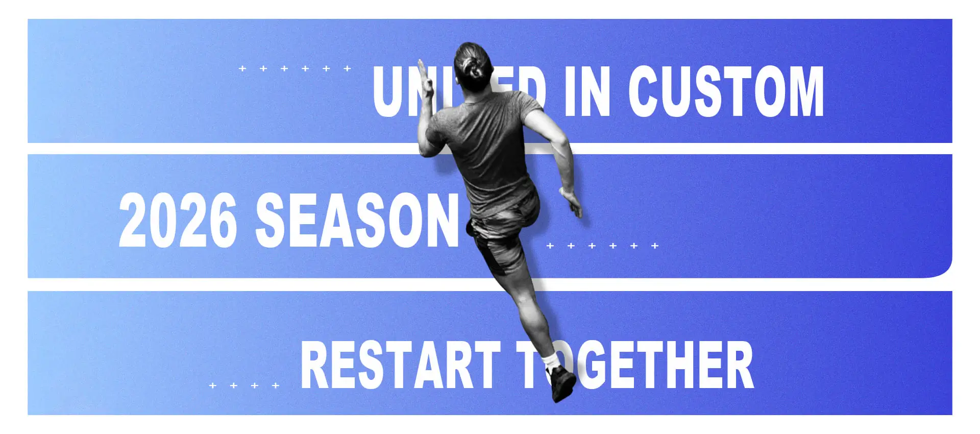 Custom sportswear banner featuring an athlete in motion with the message “United in Custom – 2026 Season – Restart Together